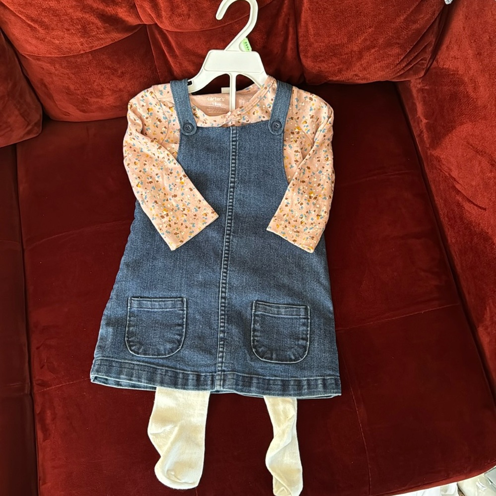Carters jean dress, long sleeve shirt, and tights, brand new never worn